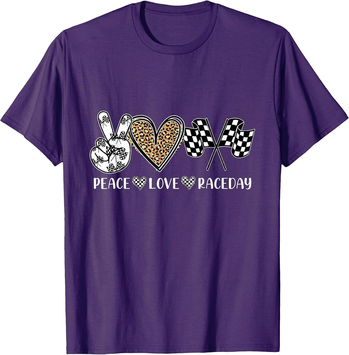 Peace Love Raceday Racing Drag Racing Checkered Flag Race T-Shirt - Purple