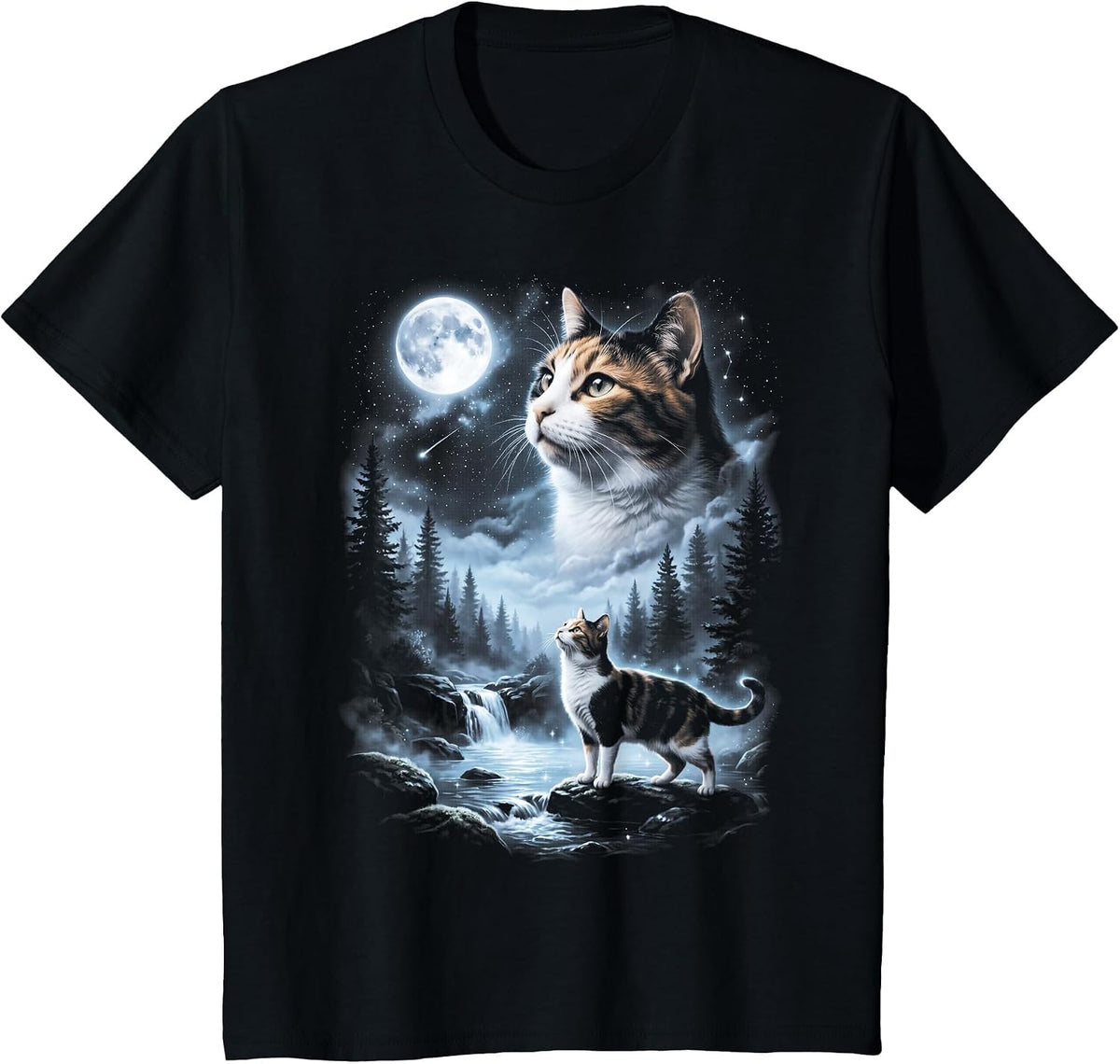 Calico Cat Howling at Moon 90's Retro T-Shirt - Black