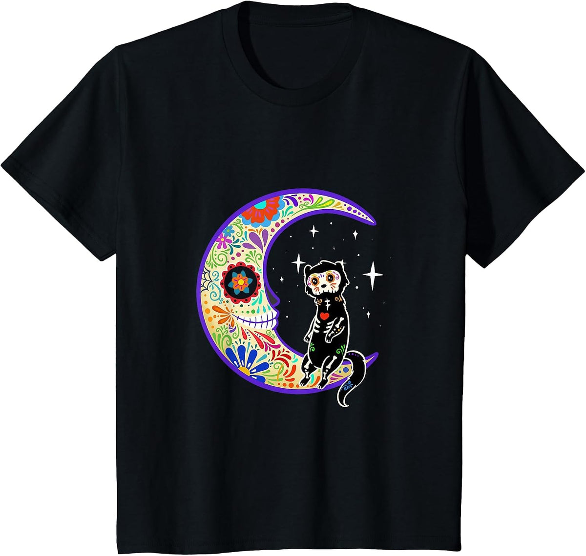 Ferret Dia de Los Muertos Skeleton Sugar Skull T-Shirt - Black