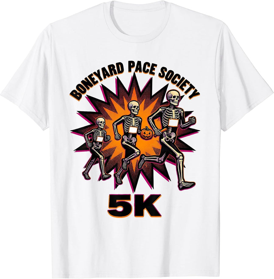 Men's Boneyard Pace Society 5K Funny Halloween Skeleton Runner T-Shirt - White