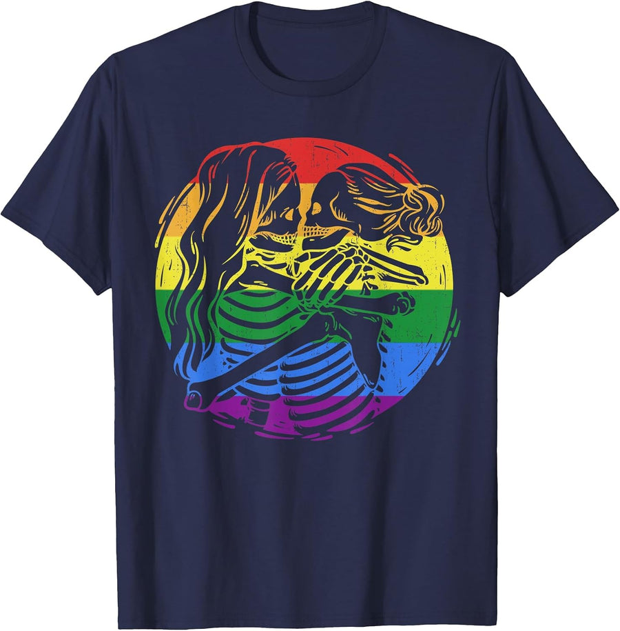 Rainbow Flag LGBTQ Skeleton Couple Lesbian Pride Support T-Shirt - Navy Blue