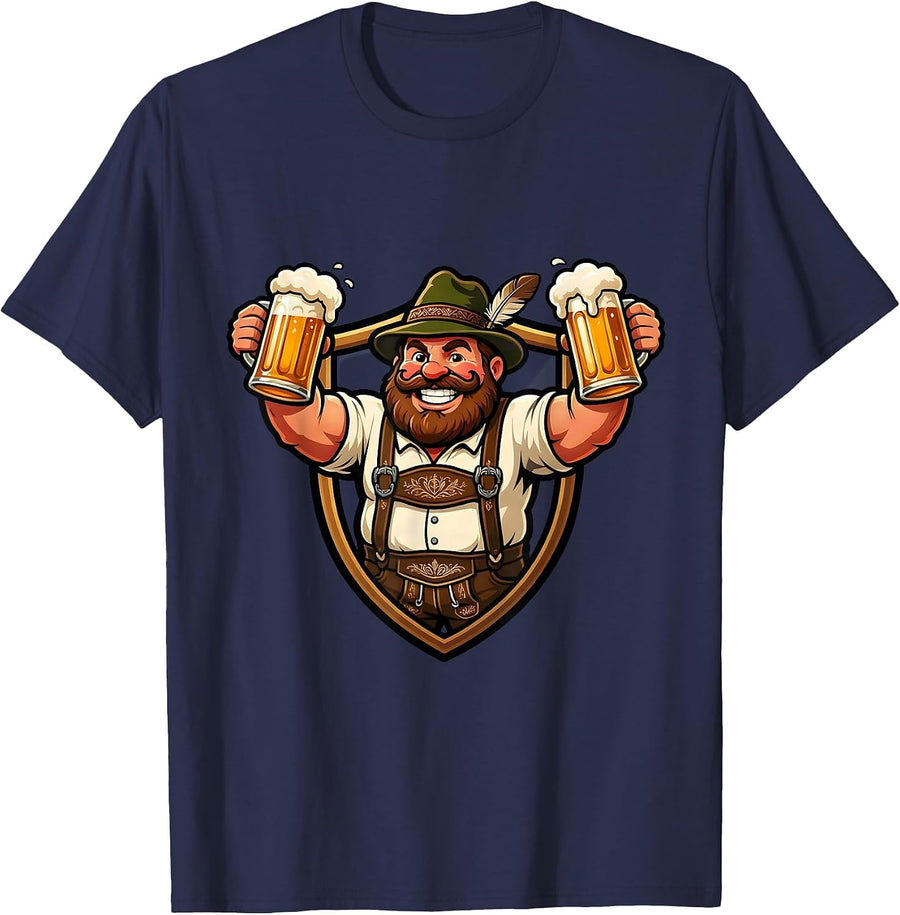 Jolly Bavarian Lederhosen Oktoberfest Illustration T-Shirt - Navy Blue