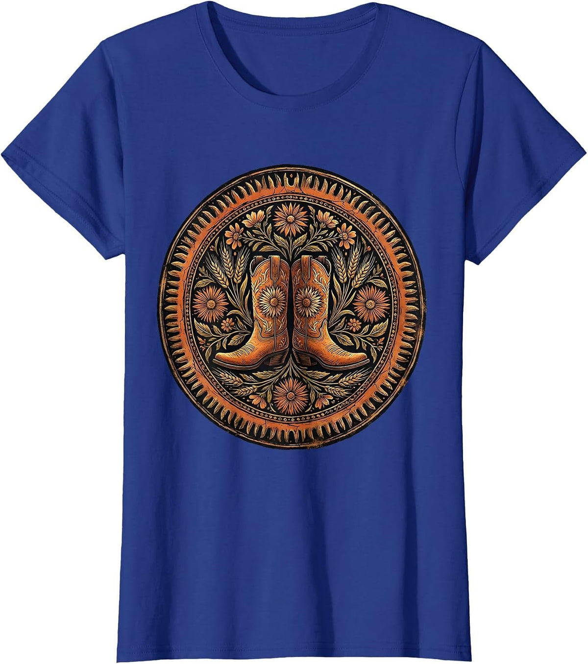 Women's Cowboy Boots with Spurs on Worn Wood Design T-Shirt - Royal Blue