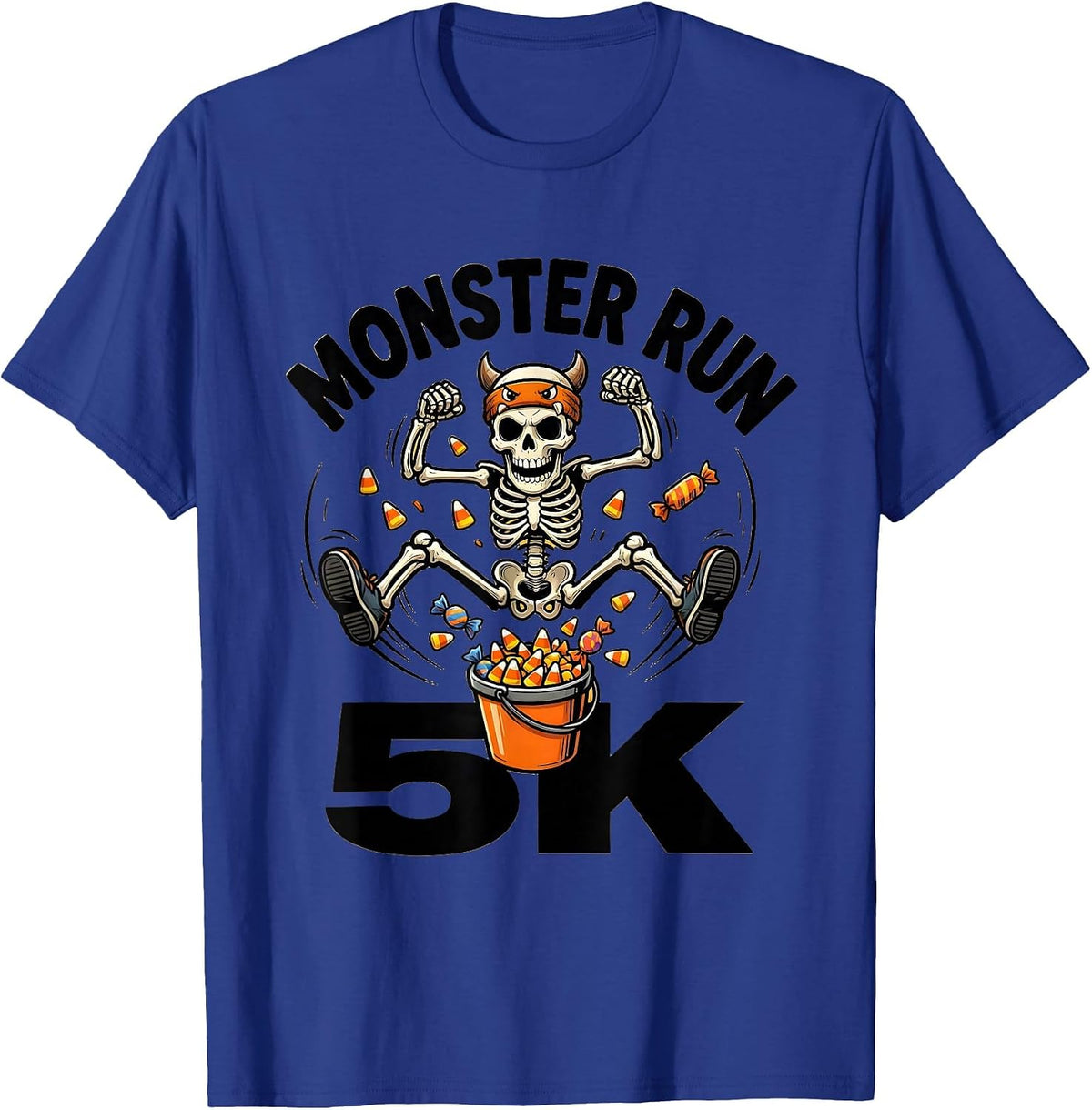 Men's Monster Run 5K Cartoon Skeleton Runner Halloween Fun Run T-Shirt - Royal Blue