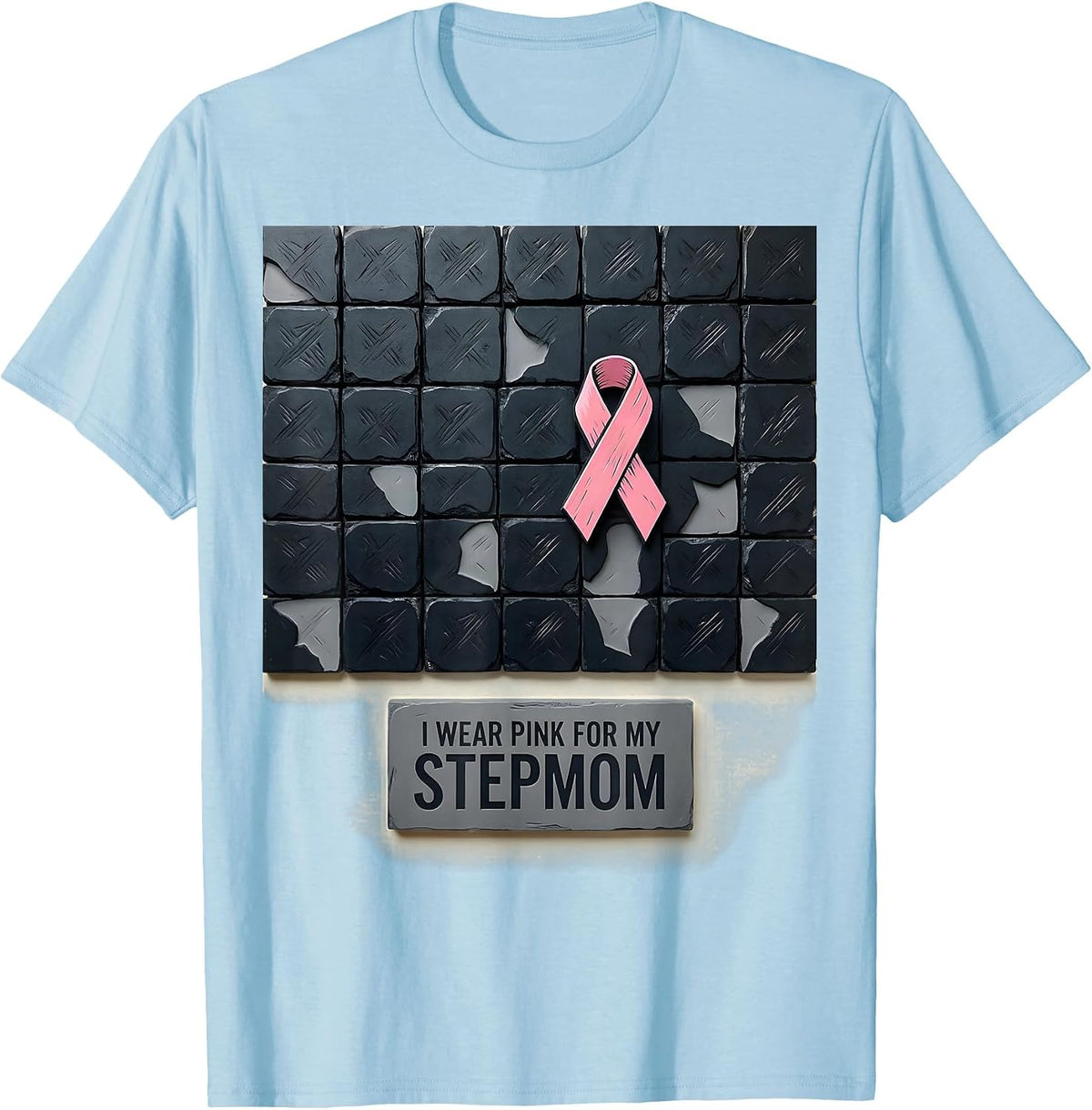 Men's I Wear Pink For My Stepmom Linocut Breast Cancer Awareness T-Shirt - Baby Blue