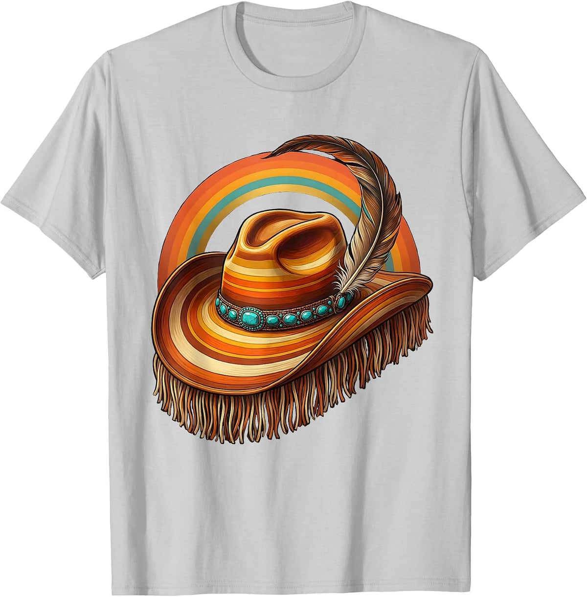 Men's Cowboy Hat Feather Turquoise Western Illustration T-Shirt - Silver Grey