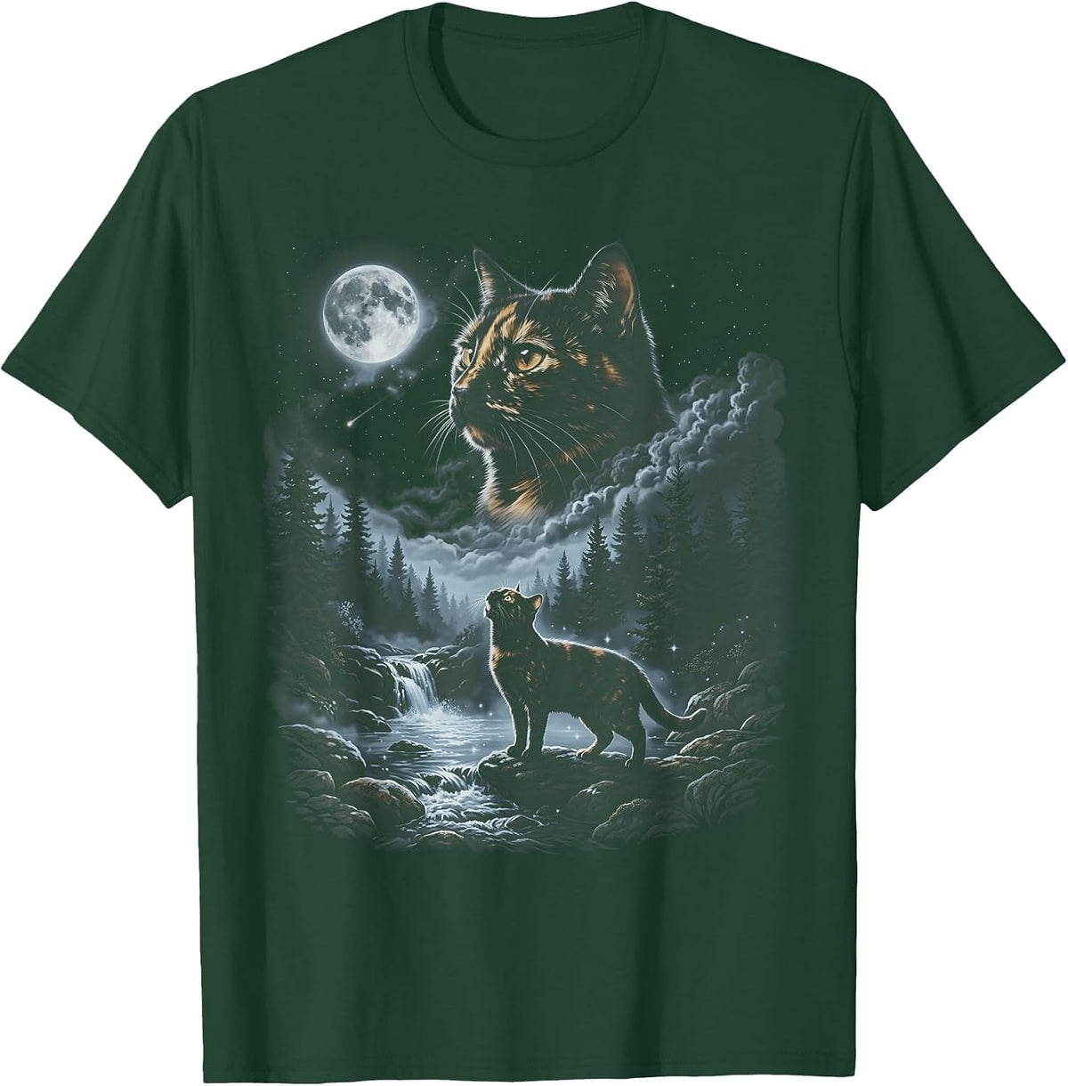 Tortoiseshell Cat Howling to the Moon Vintage Retro T-Shirt - Dark Green
