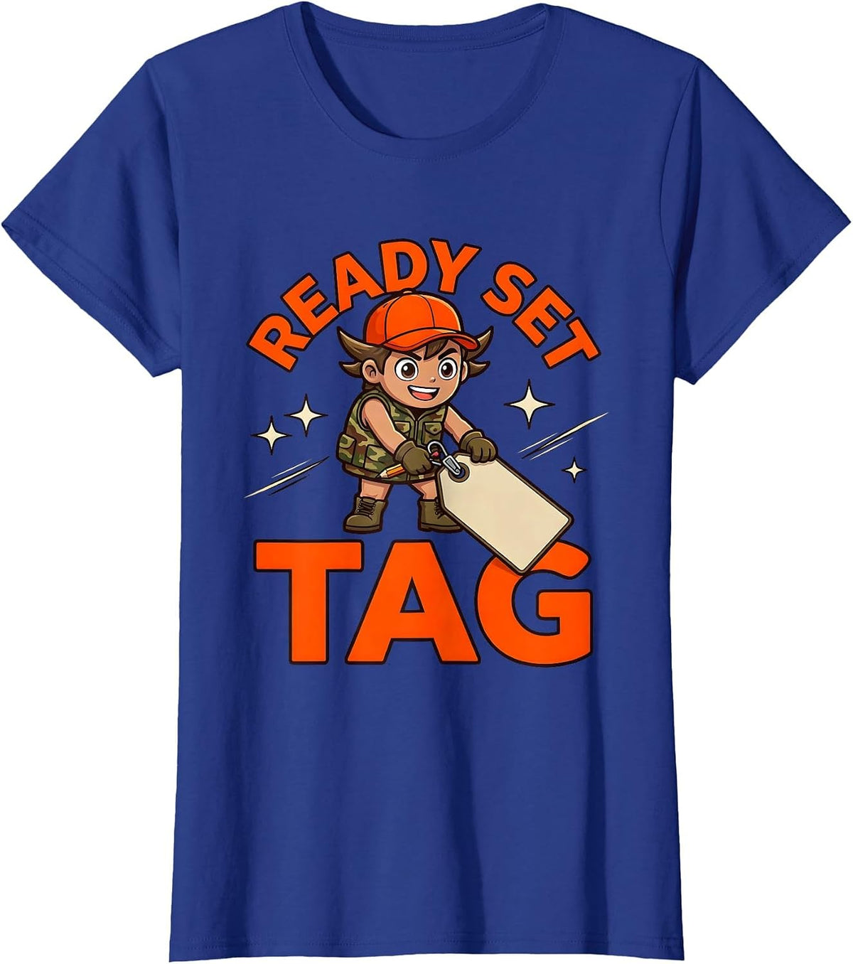 Women's READY SET TAG Funny Deer Duck Hunter Camp T-Shirt - Royal Blue