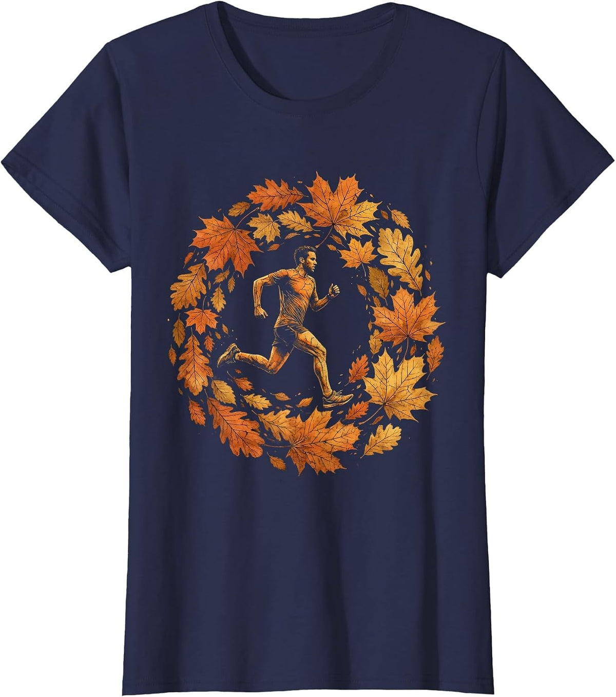 Women's Runner Silhouette Falling Autumn Leaves Design T-Shirt - Navy Blue