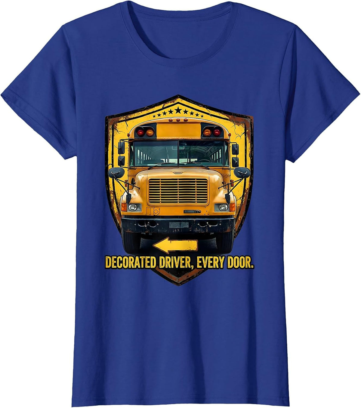 Women's Decorated Driver Every Door Distressed School Bus Driver T-Shirt - Royal Blue