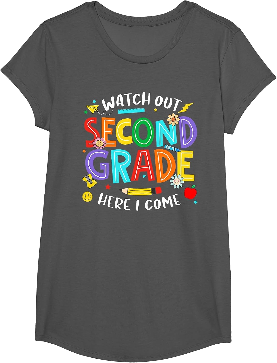 Watch Out Second Grade Here I Come 2nd Grade Back to School T-Shirt - Girls Asphalt Grey