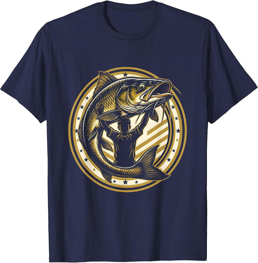 Young Boy Holding Giant Catfish Fishing Graphic T-Shirt - Navy Blue