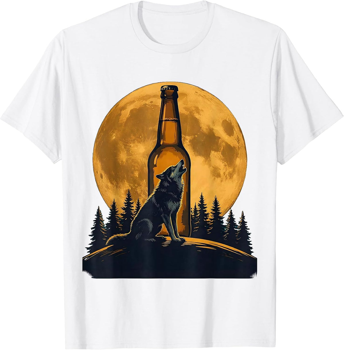Men's Wolf Howling at Beer Bottle Moon Graphic T-Shirt - White