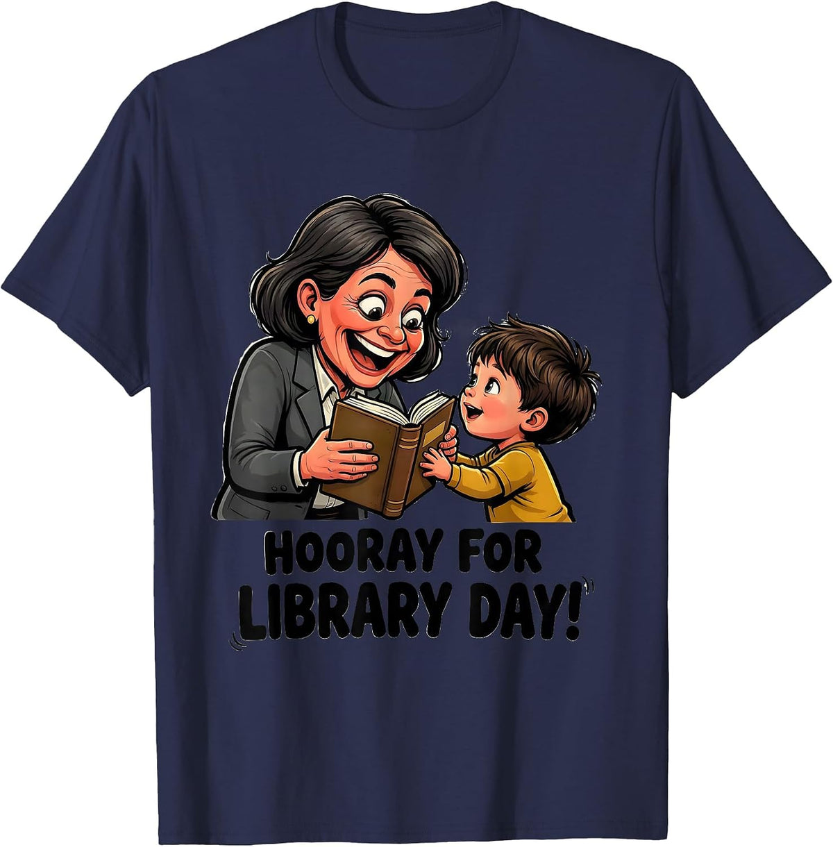 Men's Hooray For Library Day Cartoon Librarian Book Lover School T-Shirt - Navy Blue