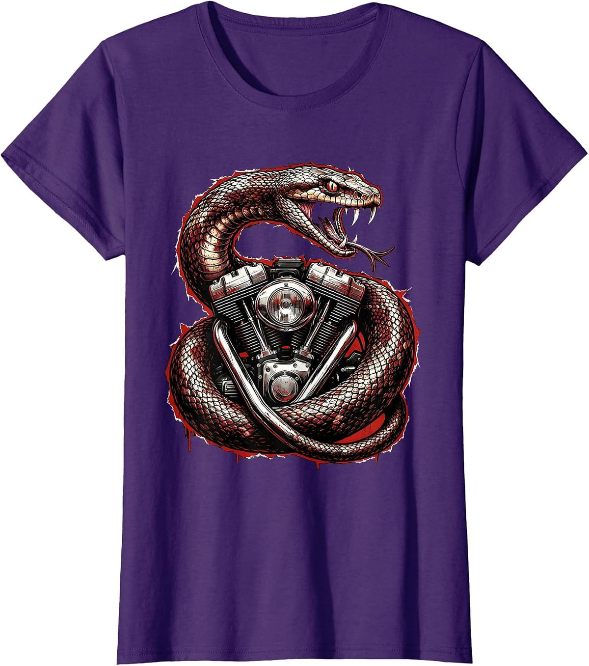 Women's Snake Coiled Vintage Motorcycle Engine Biker Art T-Shirt - Purple