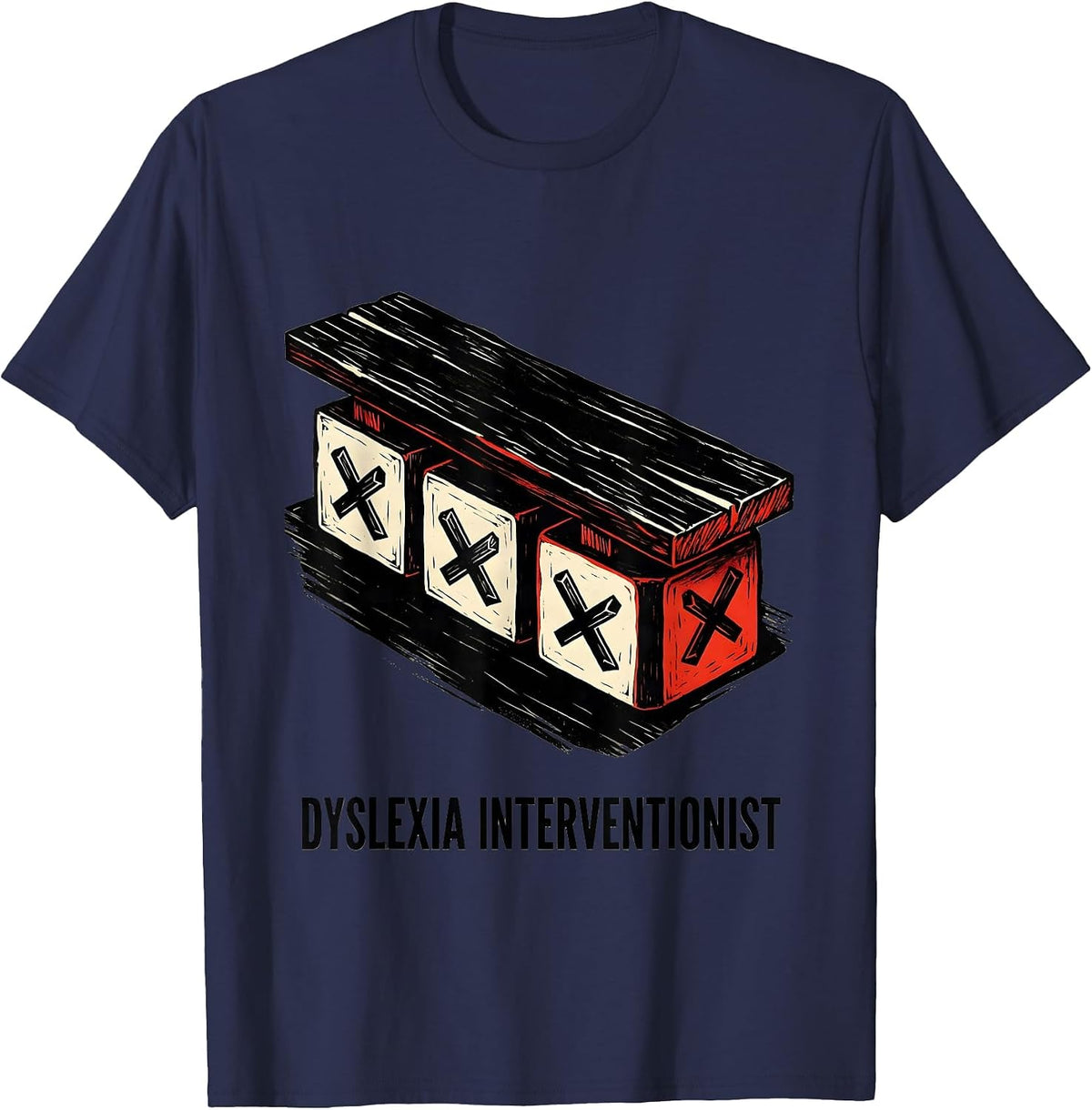 Dyslexia Interventionist Linocut Dyslexia Teacher Awareness T-Shirt - Navy Blue