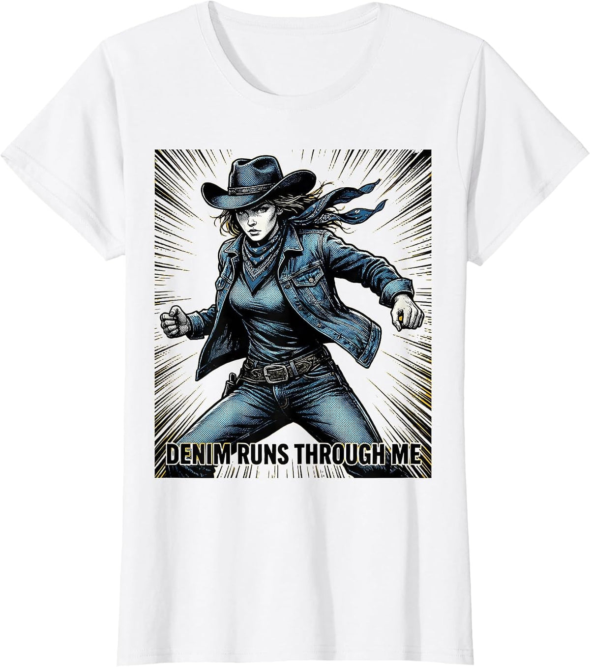 Women's Denim Runs Through Me Western Girls Design T-Shirt - White
