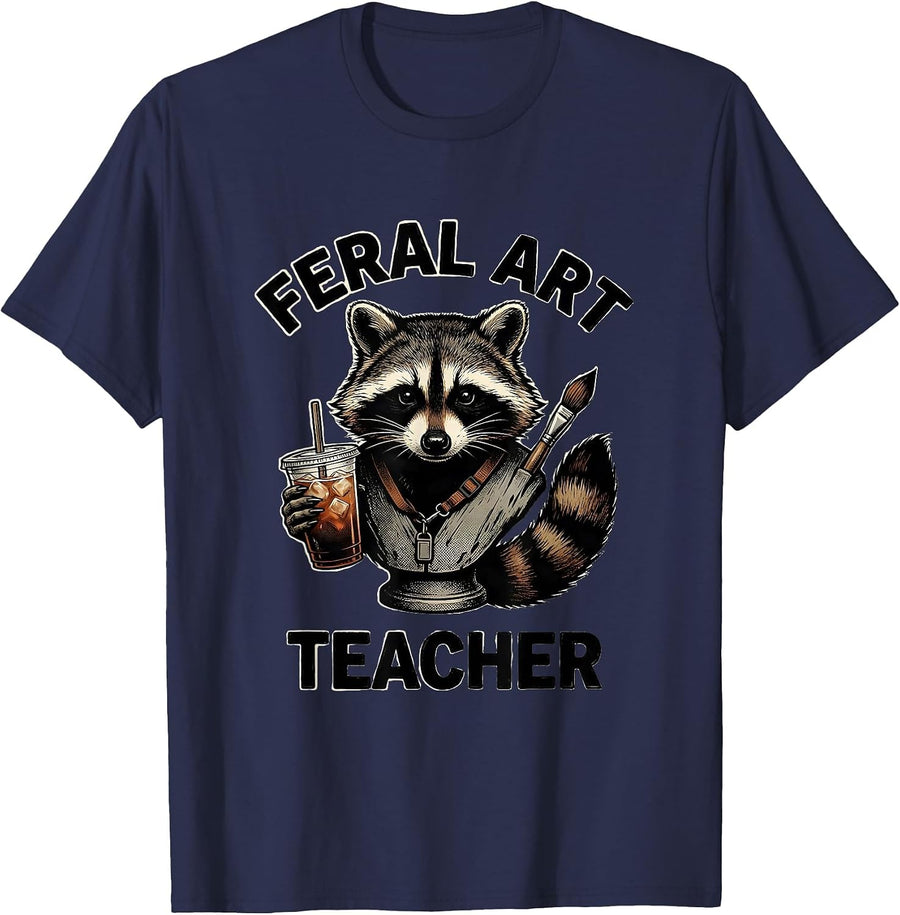 Feral Art Teacher Funny Raccoon Teacher Back to School T-Shirt - Navy Blue