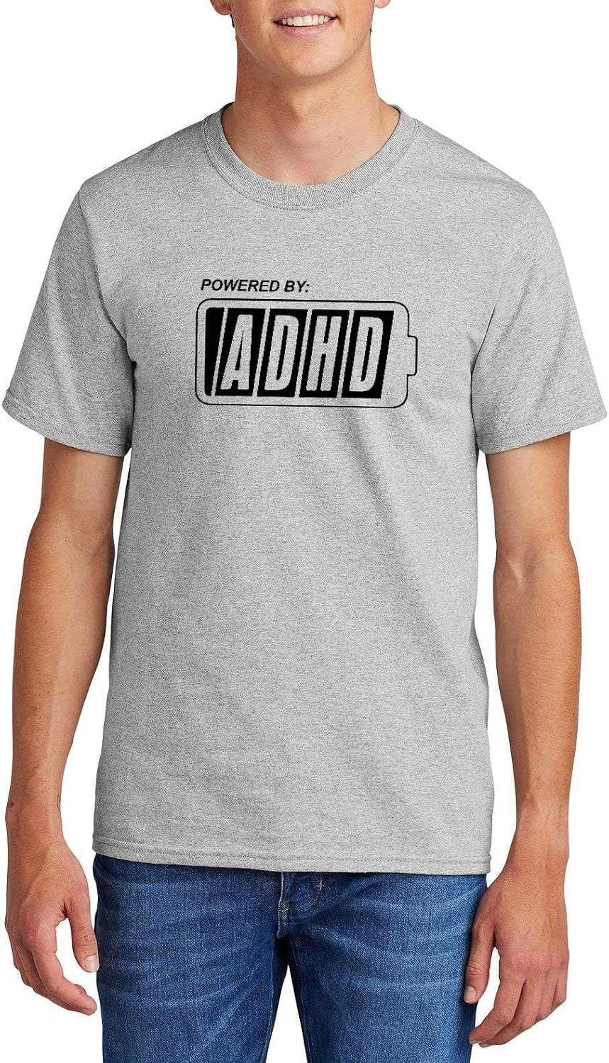 Powered by ADHD Battery Graphic Funny Neurodiversity Top Cotton Tee Adult Youth Tall Men Women - Mens Crew Ash Grey