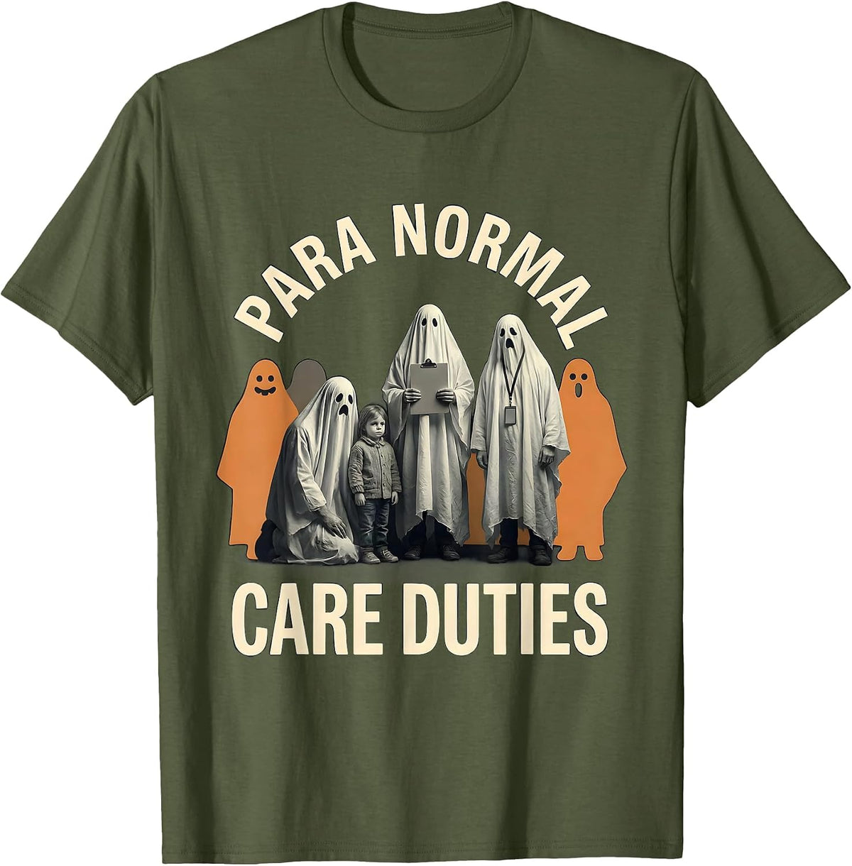 Men's Para Normal Care Duties Funny Paraeducator Ghost Halloween T-Shirt - Olive Green