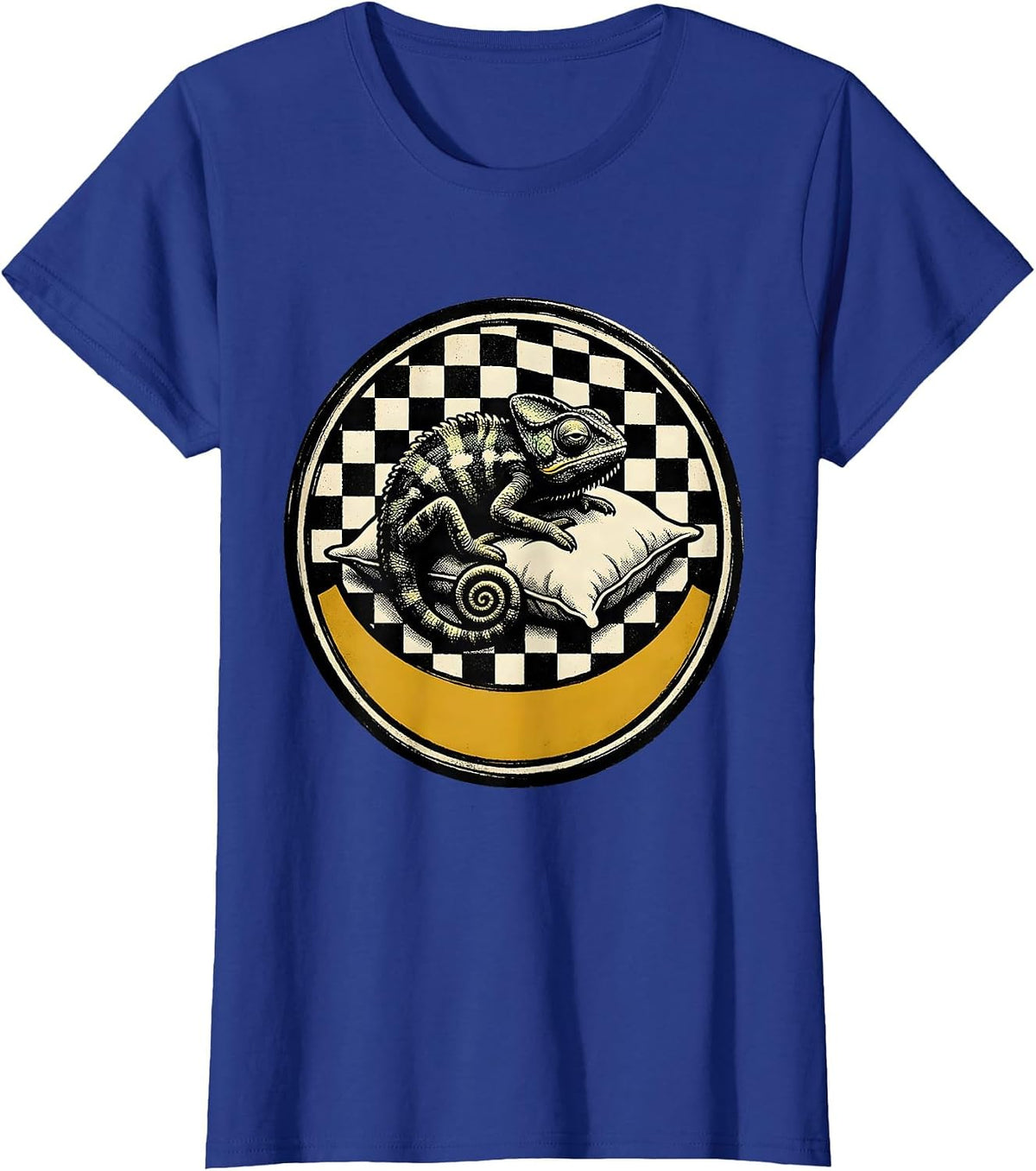 Women's Sealed Chameleon Sleeping Badge Retro Cartoon Animal Lover T-Shirt - Royal Blue