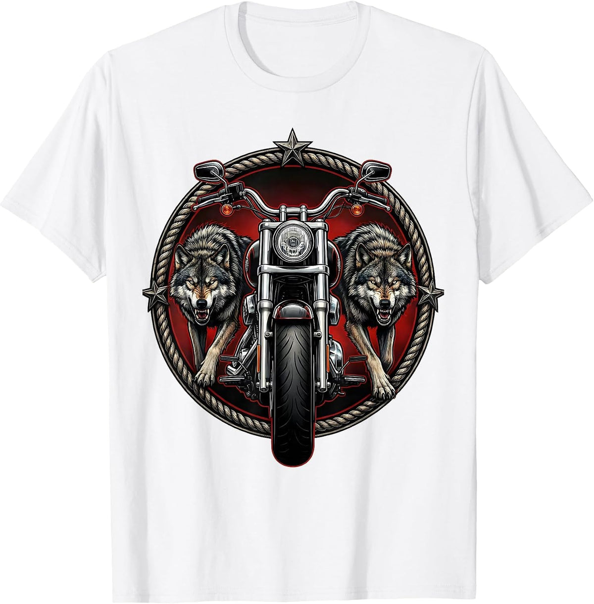 Men's Wolf Pack and Motorcycle Biker Graphic T-Shirt - White