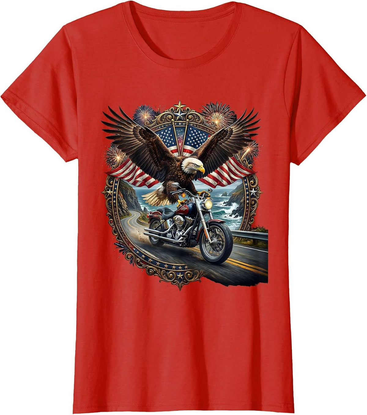 Coastal Cliffside Motorcycle Cruise Graphic Tee T-Shirt - Red