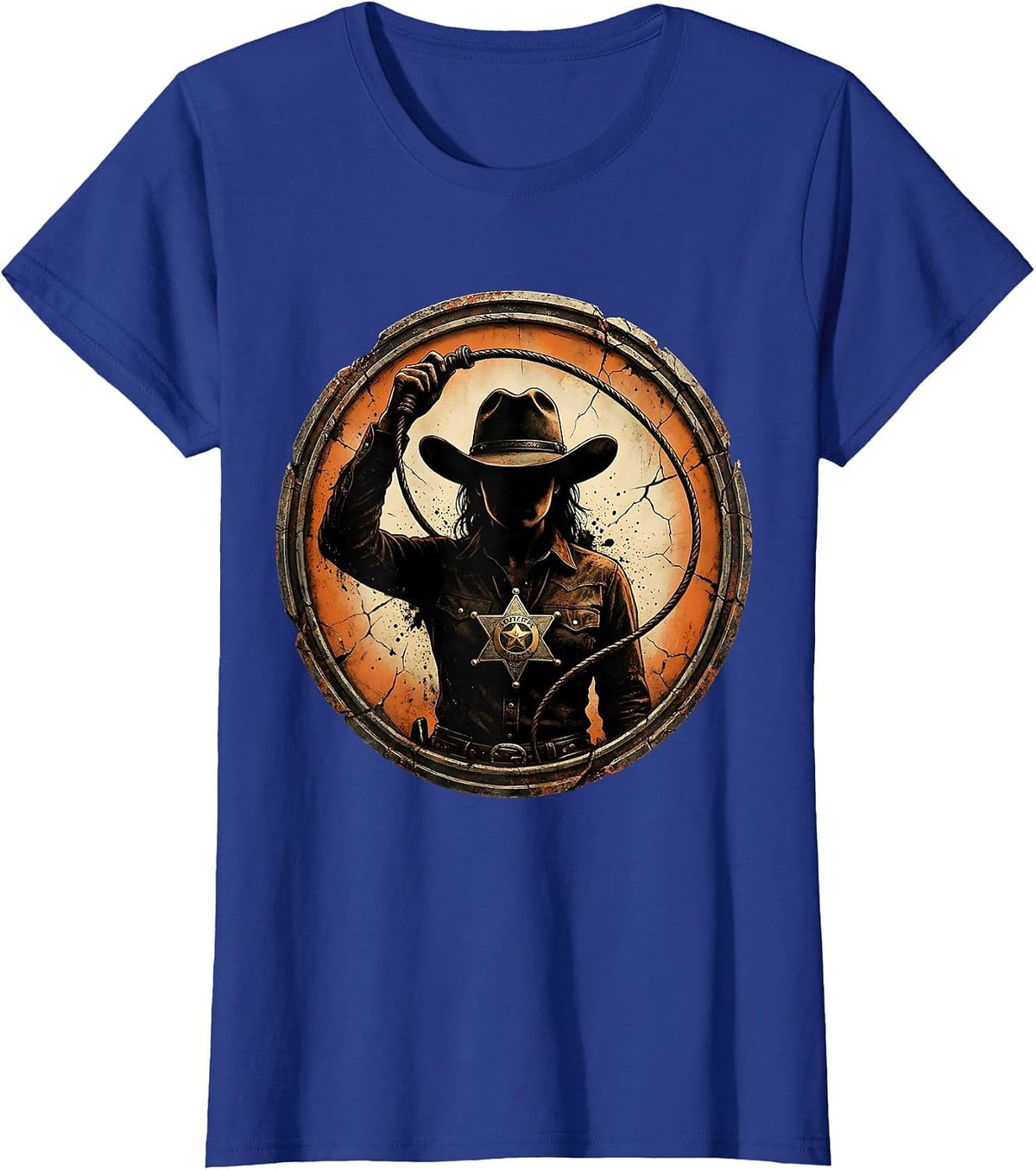 Women's Fierce Cowgirl Sheriff Star Raised Lasso Illustration T-Shirt - Royal Blue