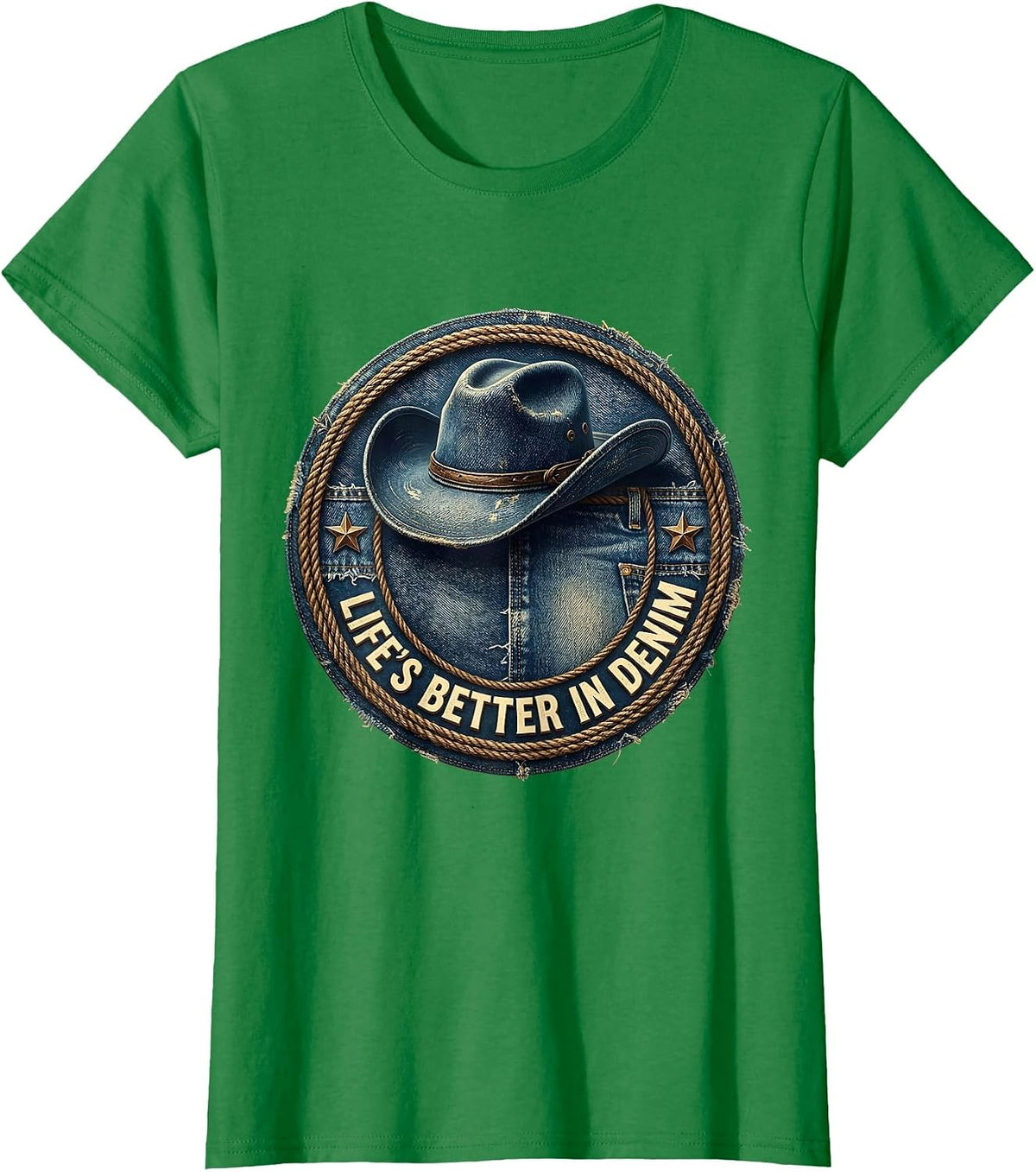 Women's Life's Better In Denim Cowgirl Design T-Shirt - Kelly Green