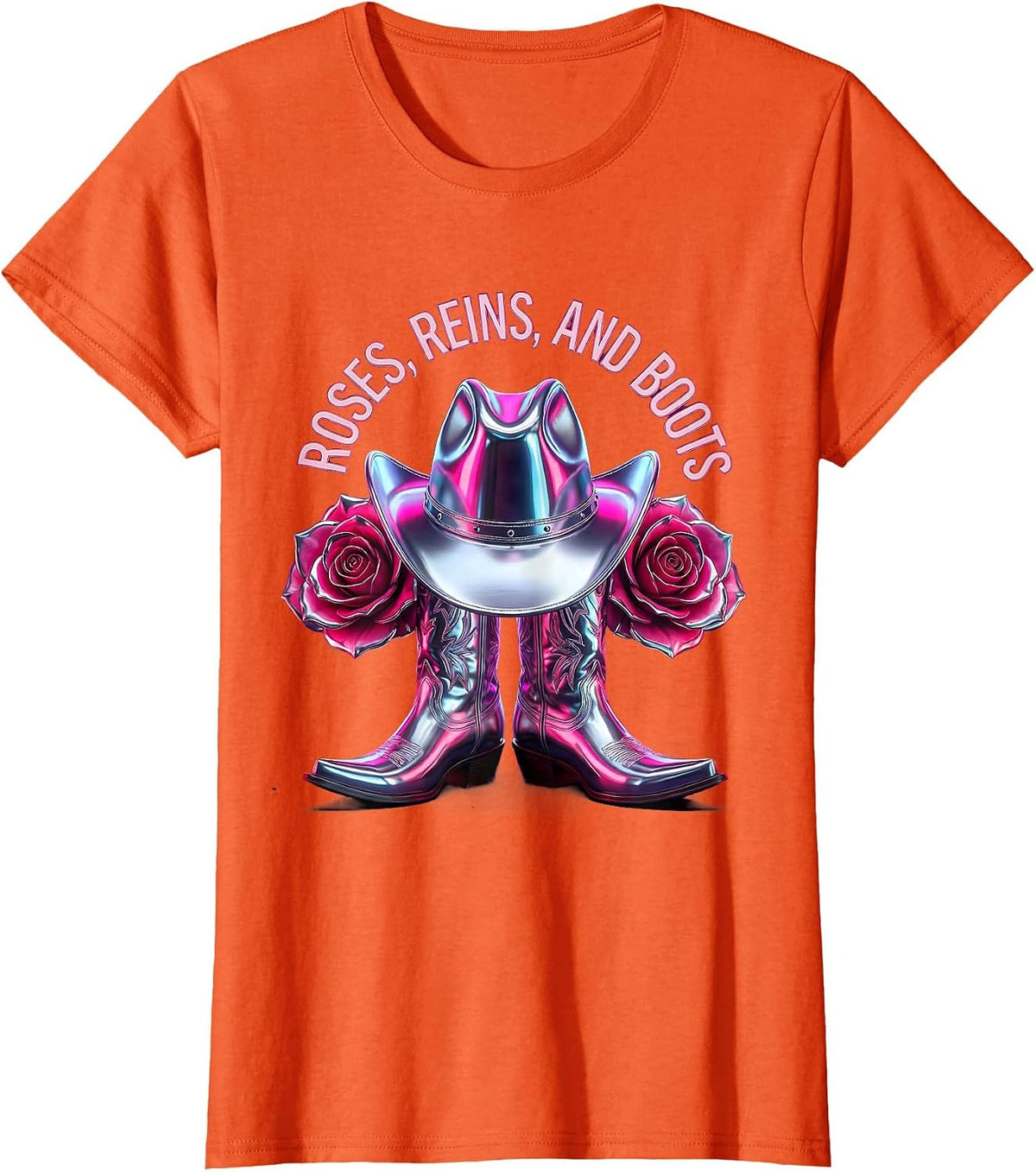 Pink Cowgirl Roses Reins and Boots Design T-Shirt - Orange