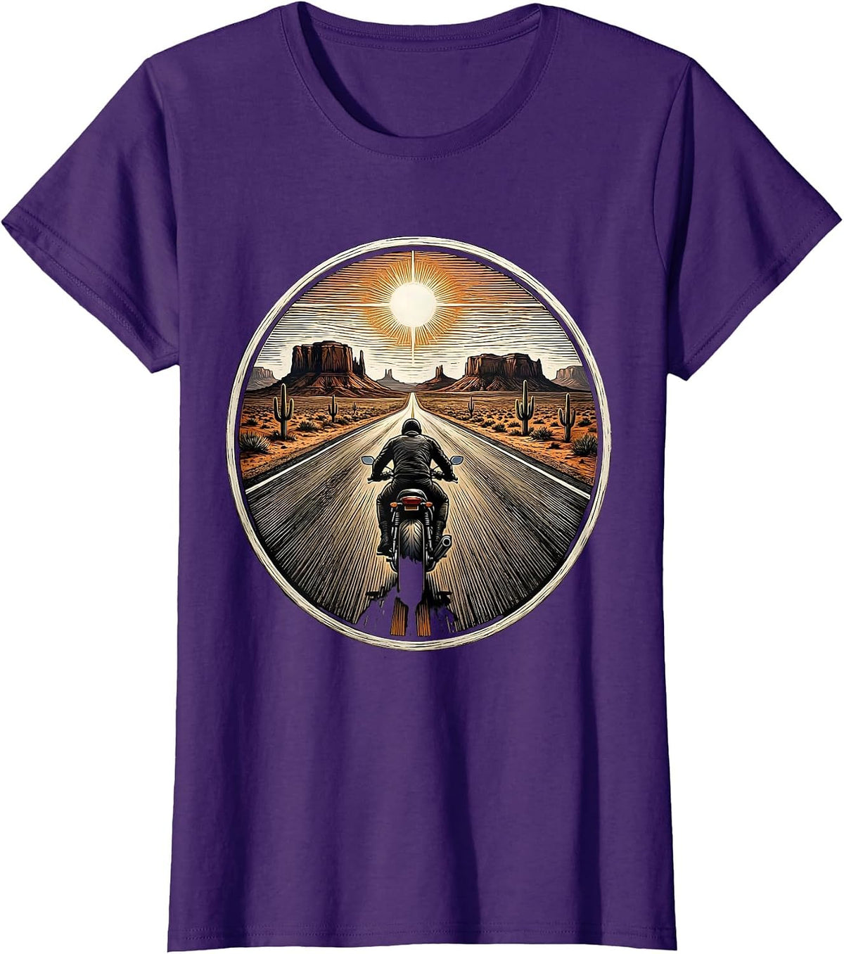 Women's Lone Biker Desert Highway Motorcycle Graphic T-Shirt - Purple