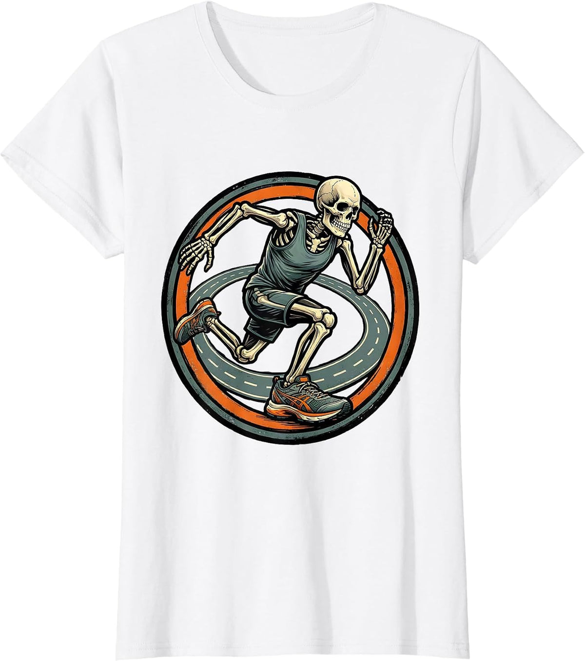 Skeleton Runner Badge Halloween Running Club Humor T-Shirt - White