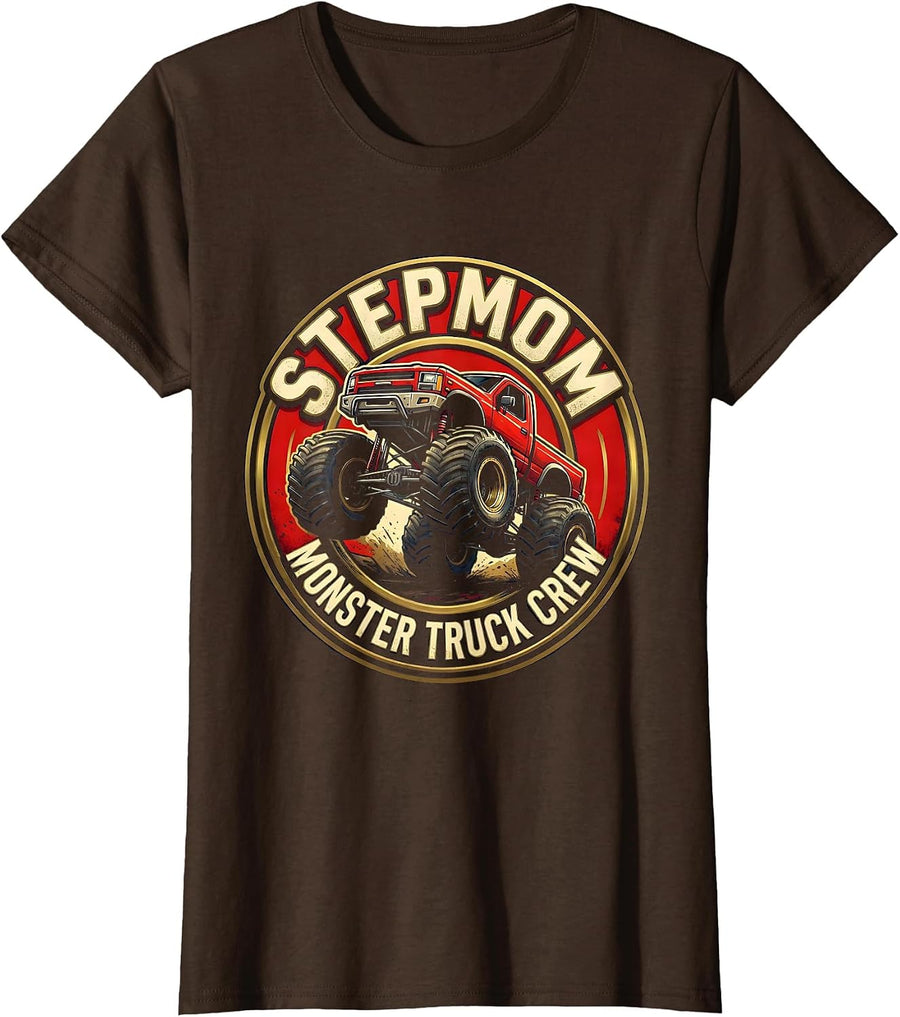Women's Stepmom Monster Truck Crew Family Matching Birthday Party T-Shirt - Brown