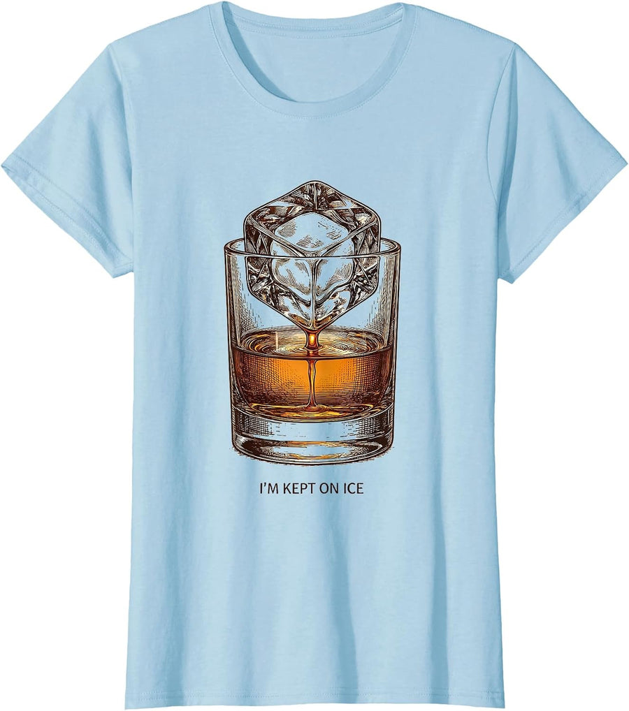 Women's I'm Kept On Ice Vintage Whiskey Rock Glass Drinking Humor T-Shirt - Baby Blue