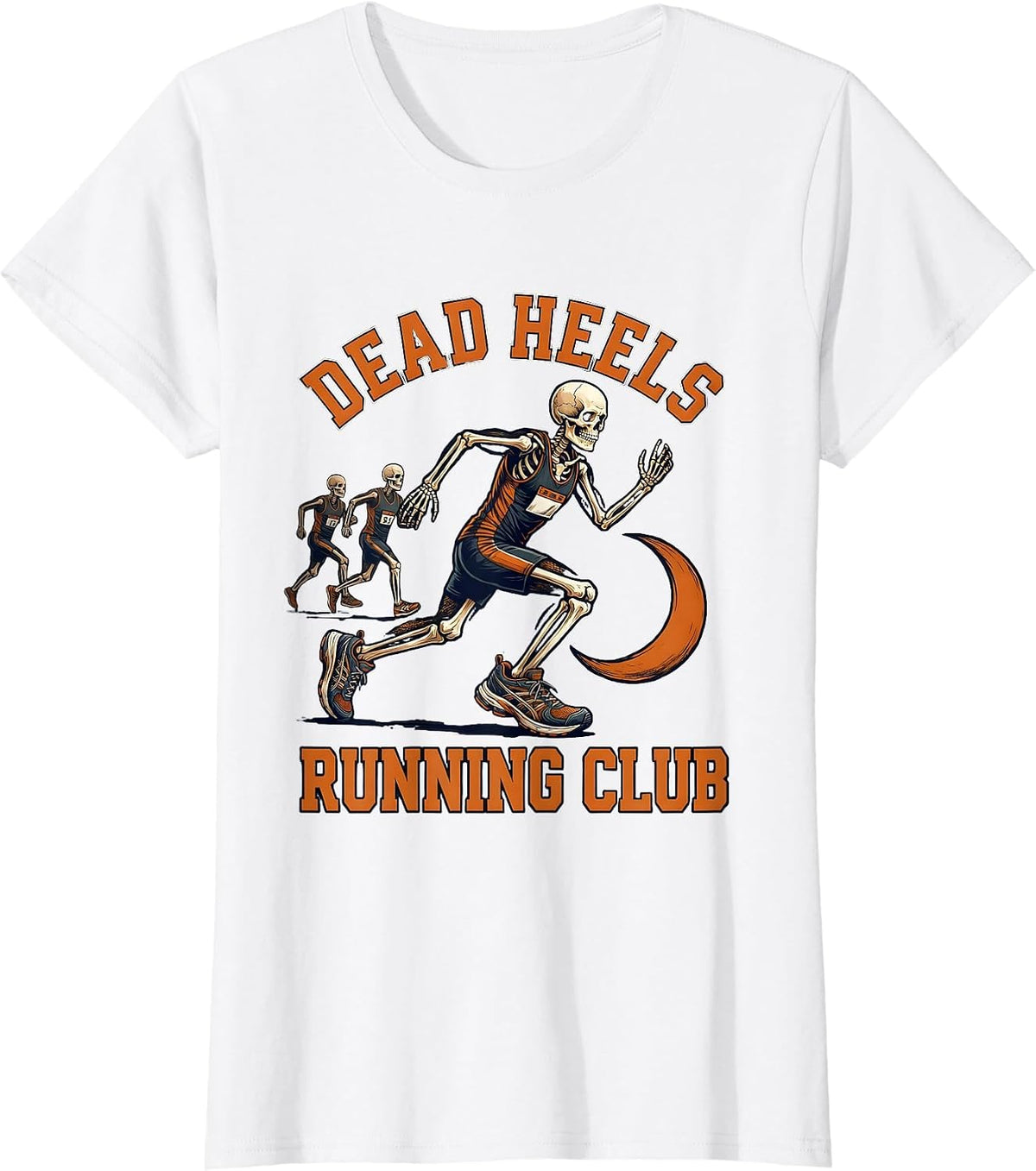 Women's Dead Heels Running Club Funny Skeleton Halloween Runner T-Shirt - White