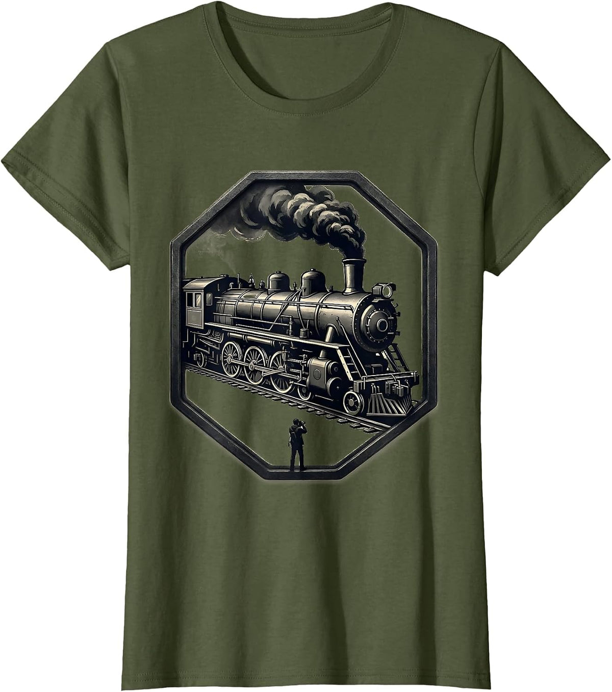 Women's Steam Locomotive Badge Big Boy Train Enthusiast Pride T-Shirt - Olive Green