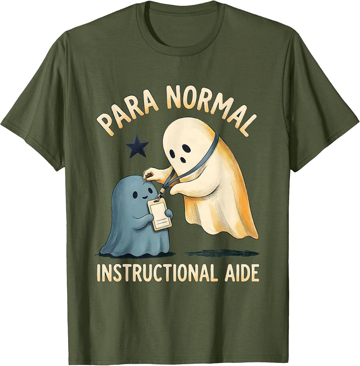 Men's Para Normal Instructional Aide Storybook Ghost Halloween T-Shirt - Olive Green
