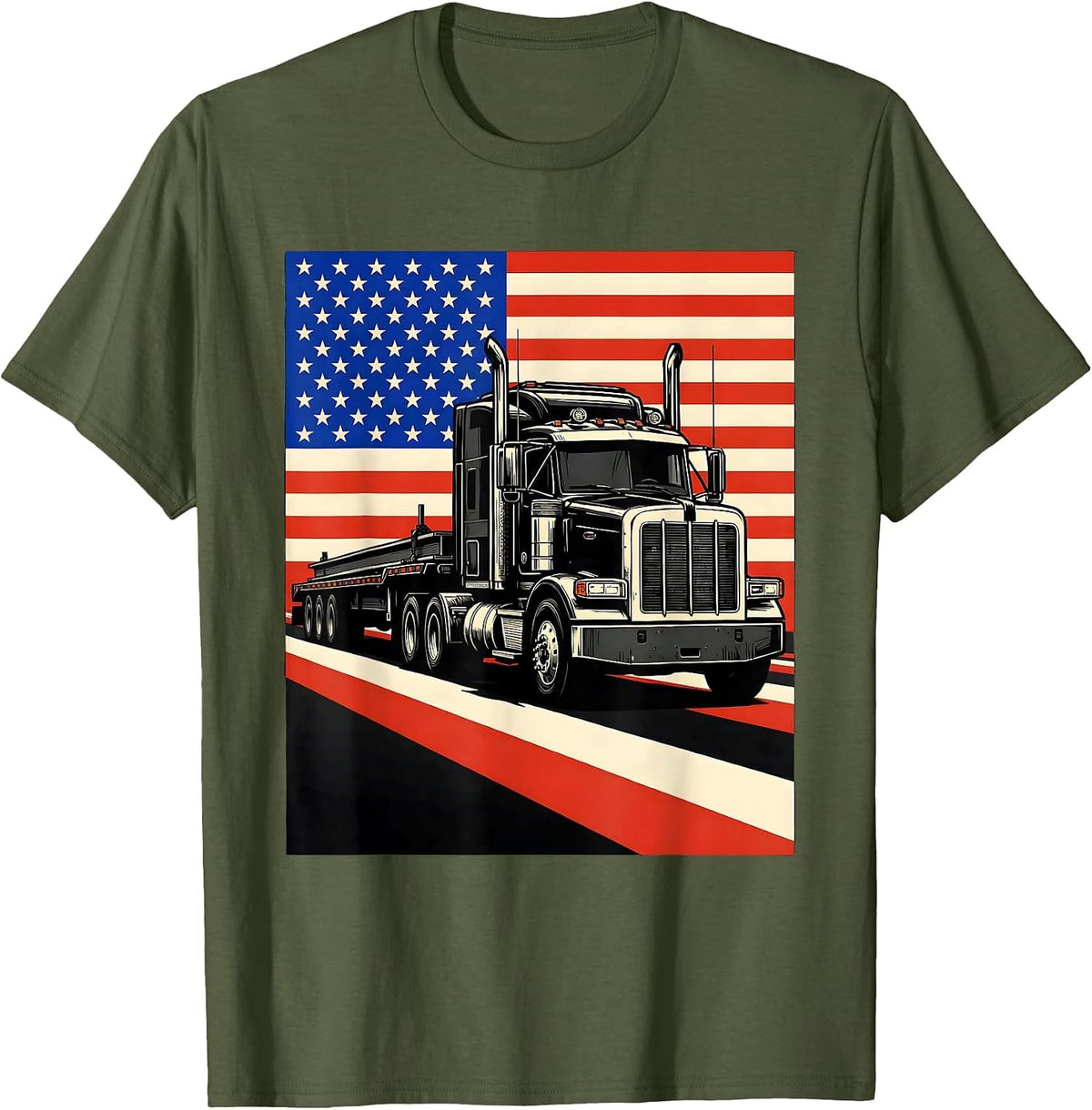 Tractor Flag American Flag Trucker Patriotic Pride T-Shirt - Olive Green