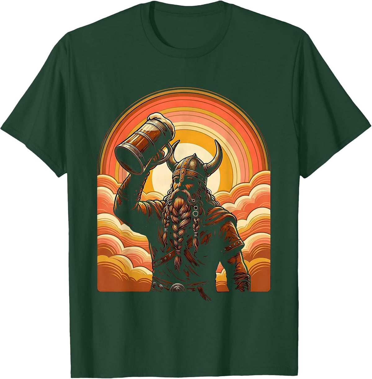 Men's Viking Mead Horn Braided Beard Illustration T-Shirt - Dark Green