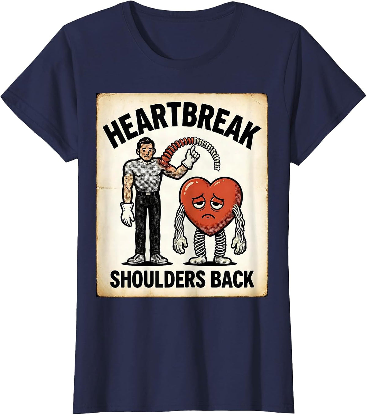 Women's Heartbreak Shoulders Back Retro Cartoon Physical Therapist T-Shirt - Navy Blue