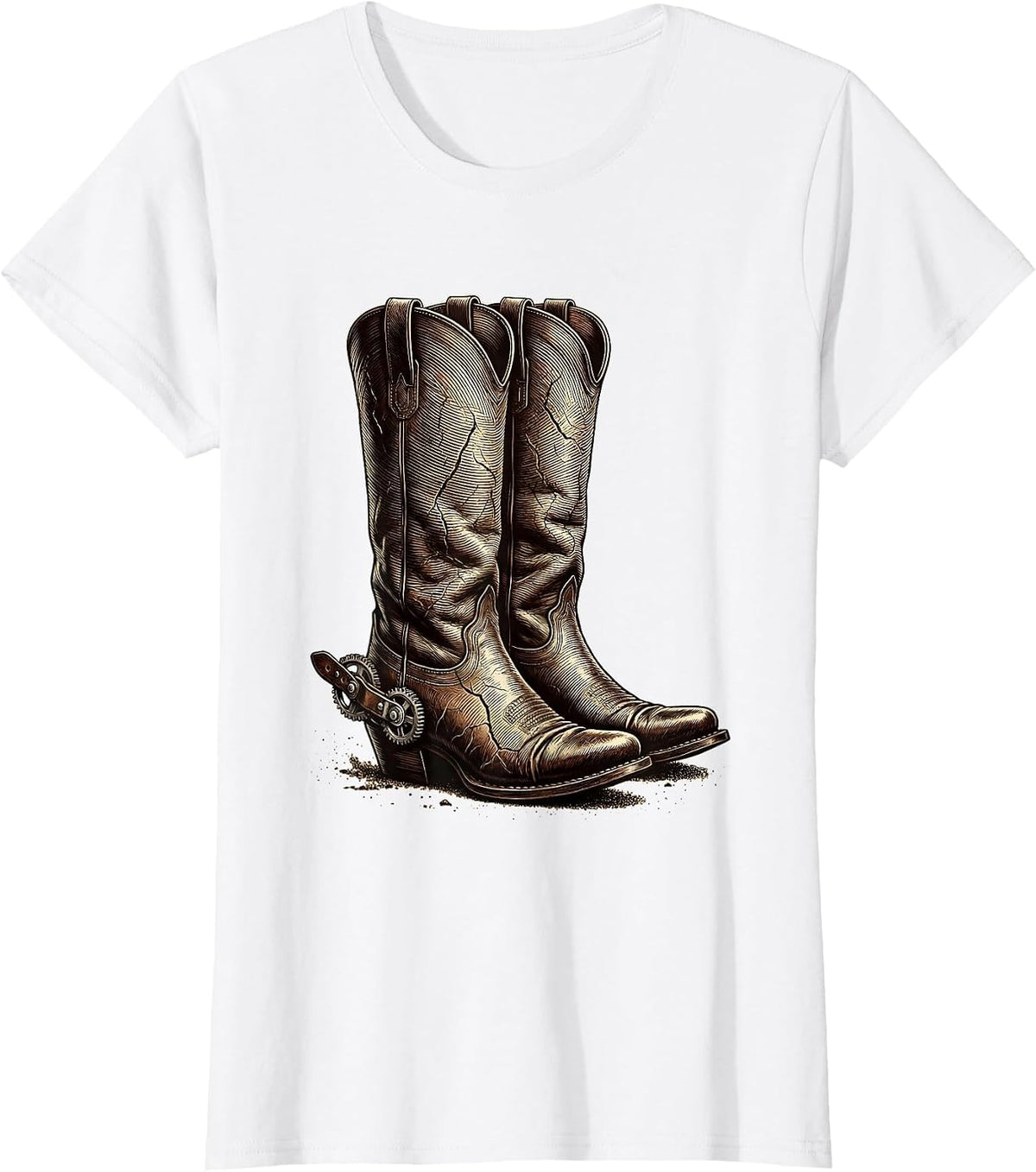 Worn Cowboy Boots With Spurs Dusty Western Art T-Shirt - White
