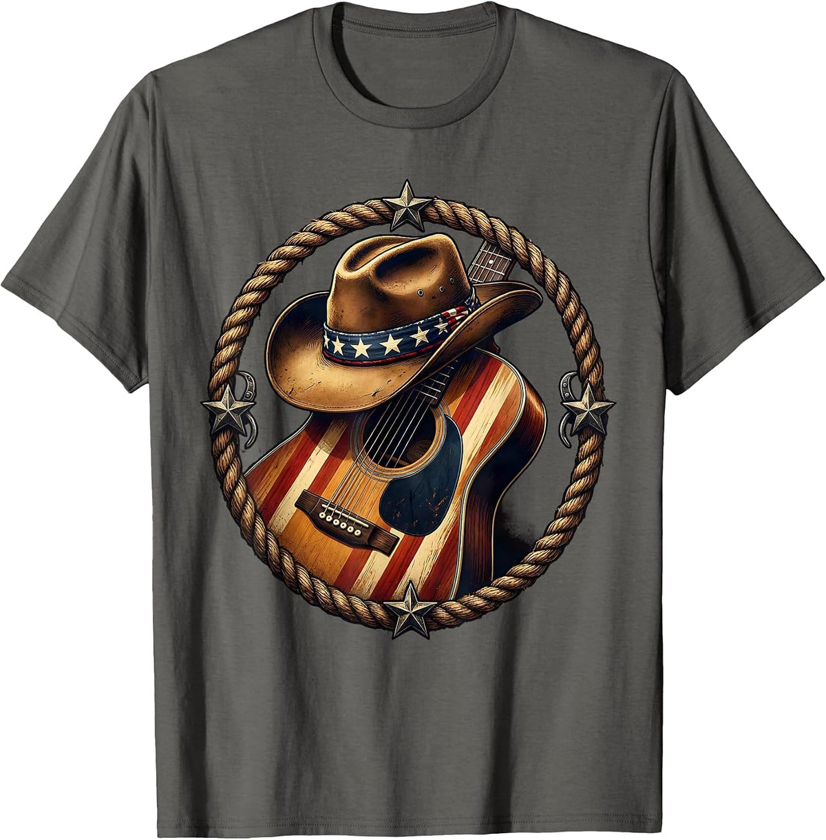 Men's Cowgirl Hat and Guitar Graphic Design T-Shirt - Asphalt Grey