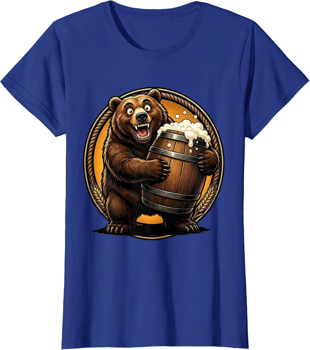 Women's Bear Hugging Giant Ale Barrel Drinking Design T-Shirt - Royal Blue