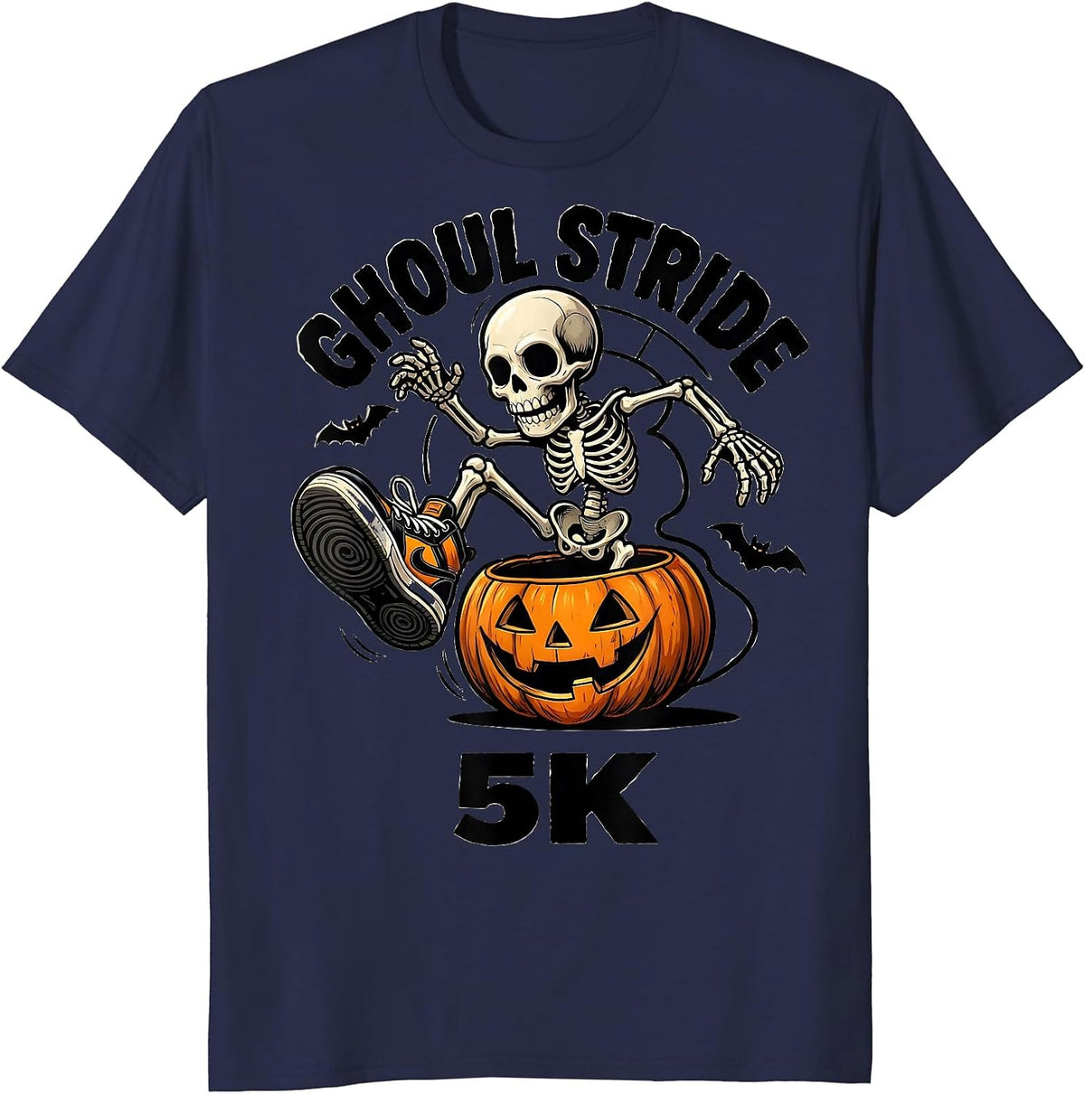 Ghoul Stride 5K Cartoon Skeleton Runner Halloween Fun Run T-Shirt - Navy Blue