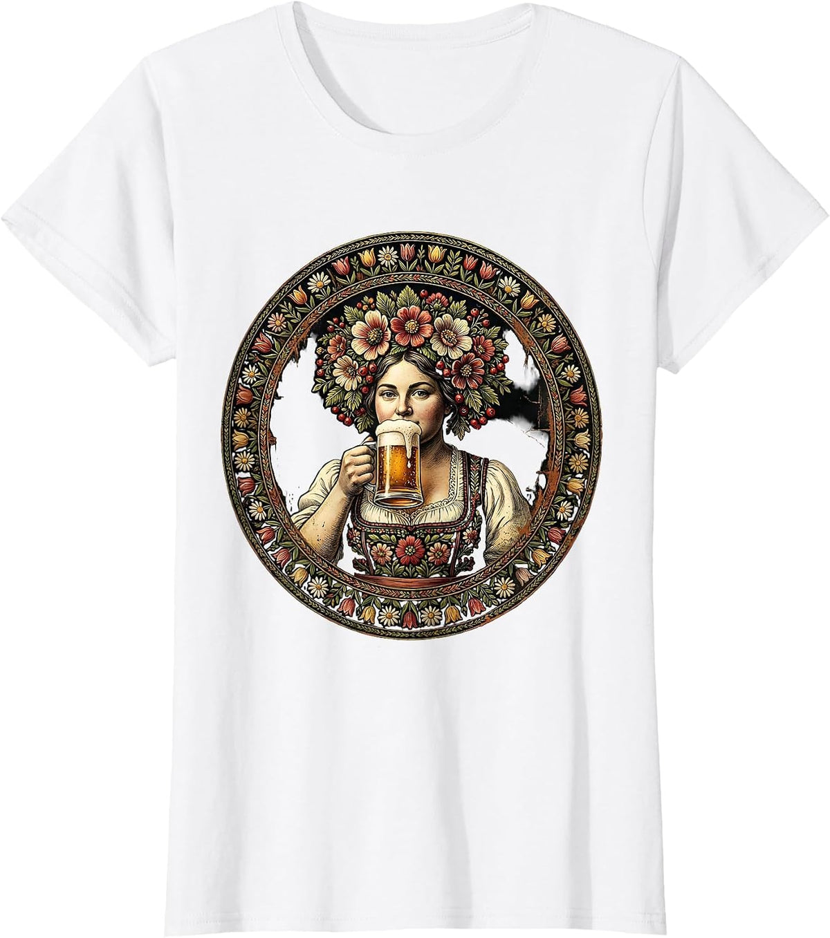 Women's Oktoberfest Floral Crown Beer Sipping Illustration T-Shirt - White