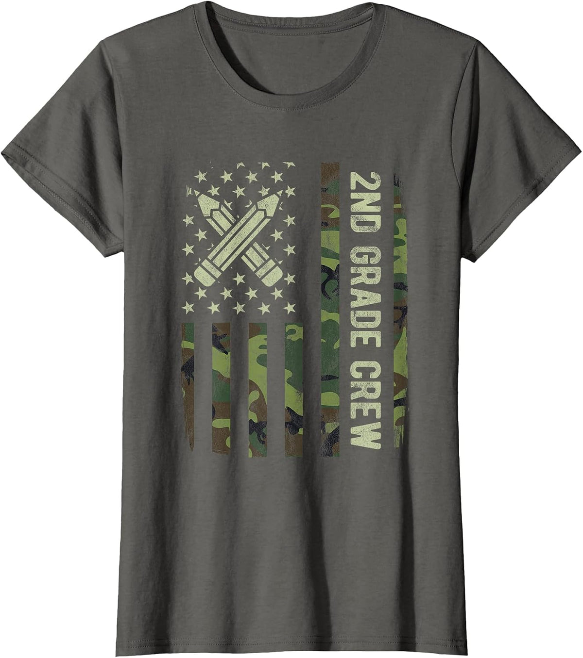 2nd Grade Crew Camo American Flag Back to School Boys Tees T-Shirt - Asphalt Grey