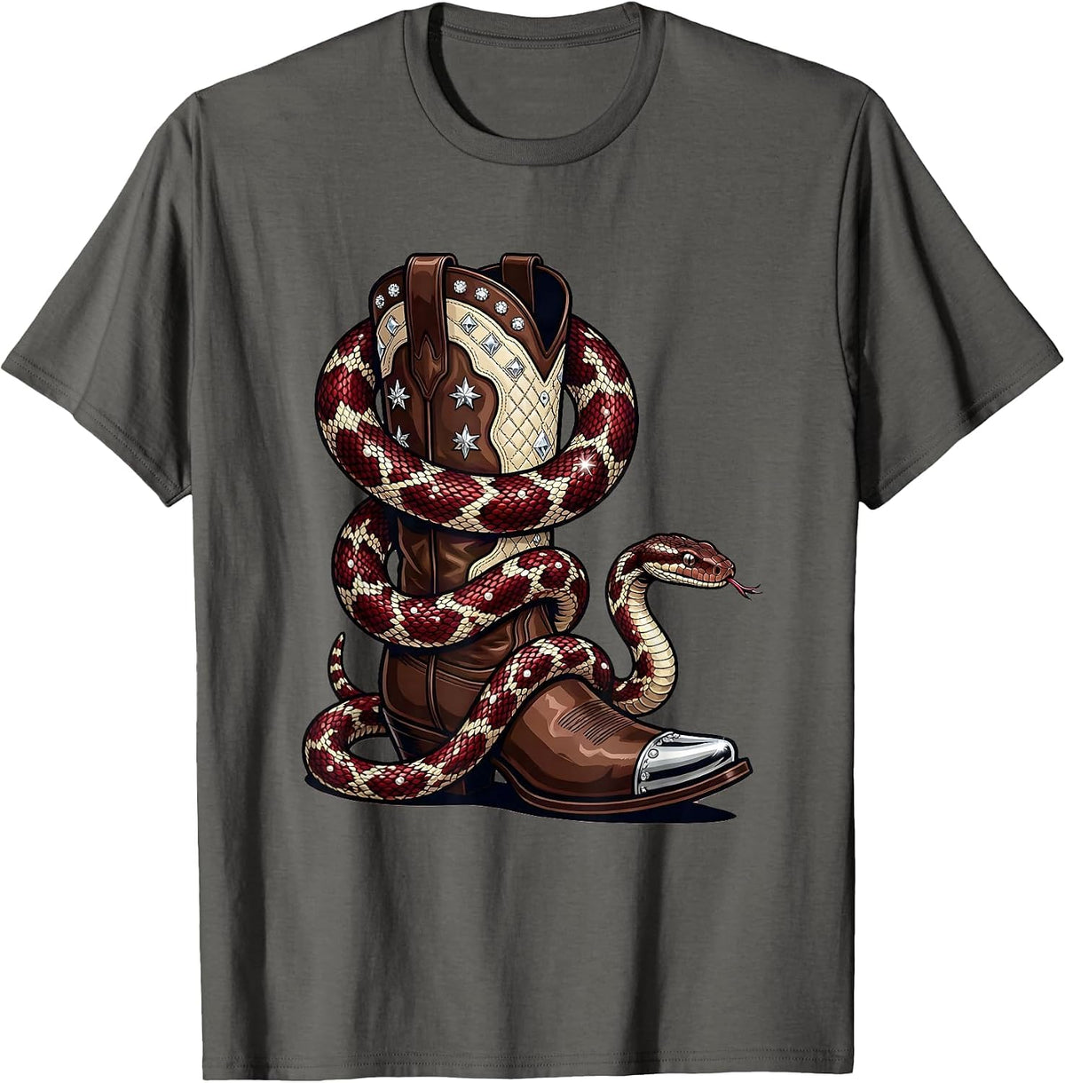 Snake Coiled Cowgirl Boot Western Graphic T-Shirt - Asphalt Grey