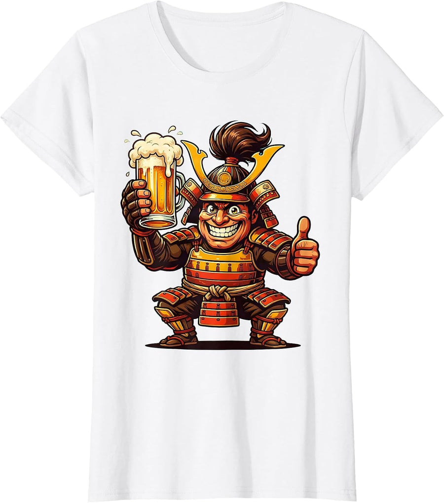Women's Samurai Warrior Beer Mug Graphic Tee T-Shirt - White