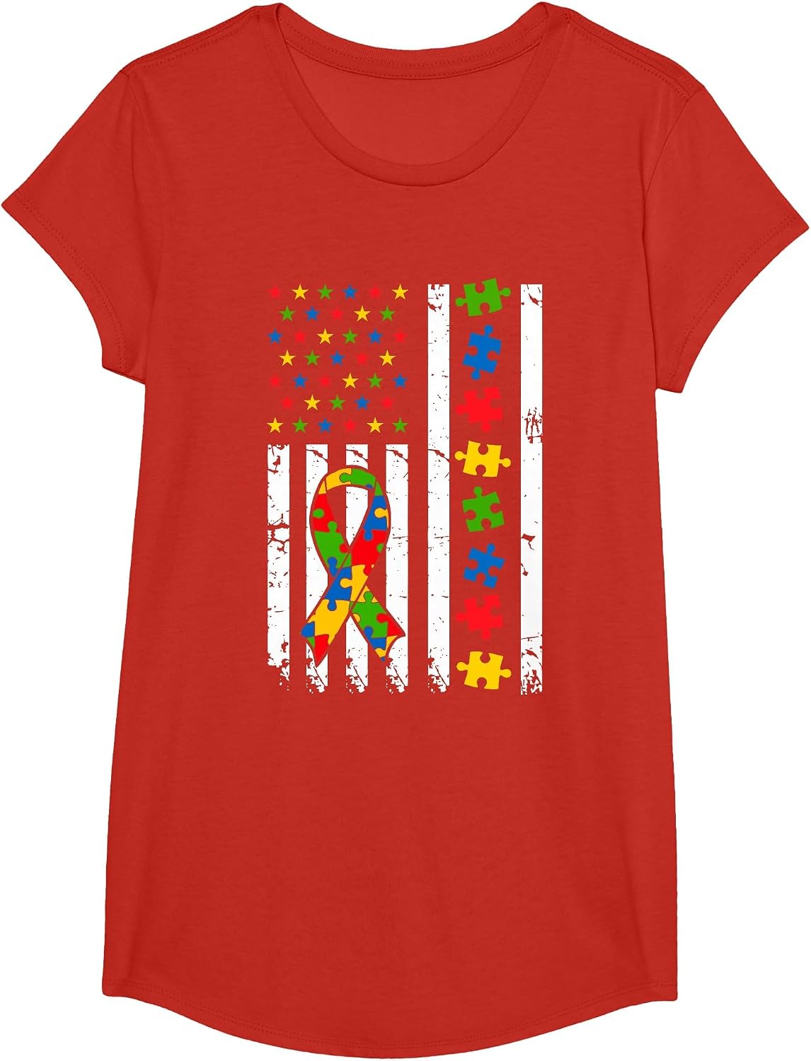 American Flag Autism Awareness Support Neurodiversity Women T-Shirt - Girls Red