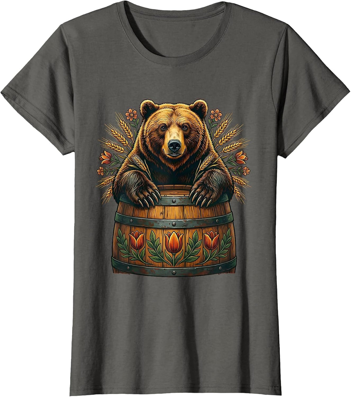 Women's Grizzly Bear Emerging From a Barrel Design T-Shirt - Asphalt Grey